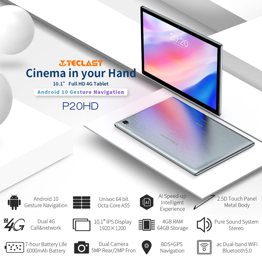 New Teclast P20HD 10.1" Tablets Android 10.0 OS 4GB RAM 64GB ROM 1920×1200 IPS 6000mAh Battary AI Speed-up Dual Wifi 4G Network