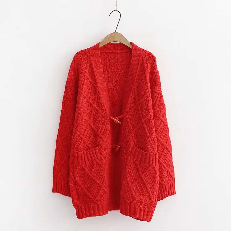 ^Cheap Autumn Winter Horn Button Solid Oversized Sweater Women Loose Cardigan Girls Long Chunky Knitted Coat