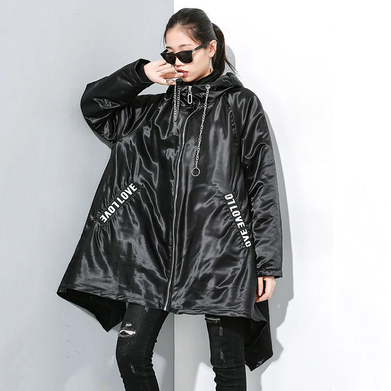 [EAM] Свободная черная Асимметричная куртка с буквенным принтом, Новое Женское пальто с капюшоном и длинным рукавом, модное осенне-зимнее пальто 19A-a256