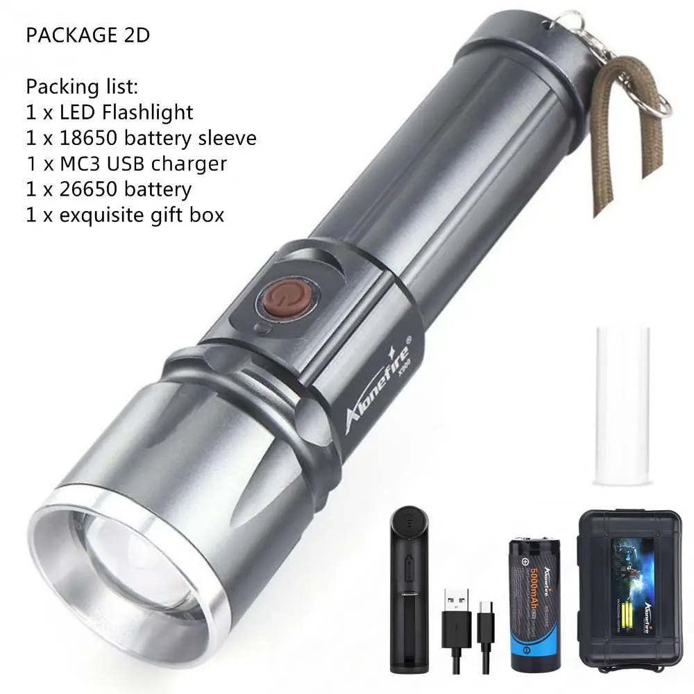 AloneFire X900 CREE XML T6 светодиодный фонарь Zaklamp алюминиевый фонарь с зумом водонепроницаемый фонарь hike 26650 аккумулятор USB зарядка - Испускаемый цвет: Package 2D