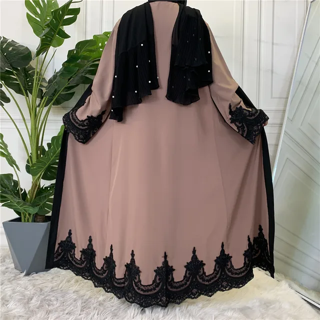 Middle East Fashion Ramadan Patchwork Lace Long Cardigan Muslim For Women Dubai Abaya Maxi Robe Kimono Turkish Islamic Clothing 4