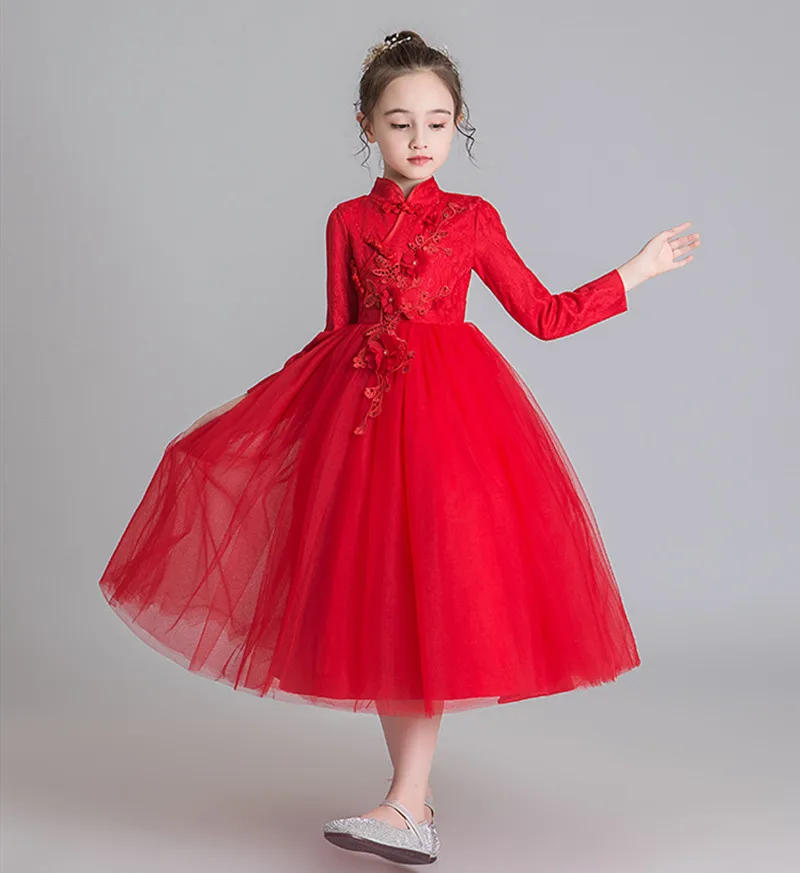 Длинный рукав, аппликация, платье принцессы, Сетчатое платье-пачка с бисером, свадебное платье, вечерние платья для девочек, вечернее платье на день рождения, детские костюмы для девочек