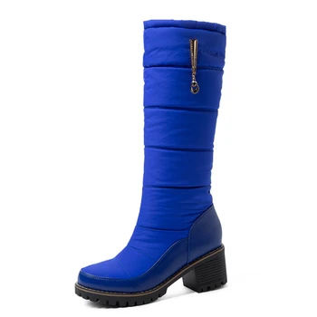 

Snow Boots Women Winter Long Plush Down Lady High Square Heels G315 Woman Black Blue Red Round Toe Rhinestone Knee High Boots
