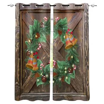 

New Luxury Curtains Christmas Garland Bells Wooden Texture Retro Window Curtains Home Decor Curtains for Living Room