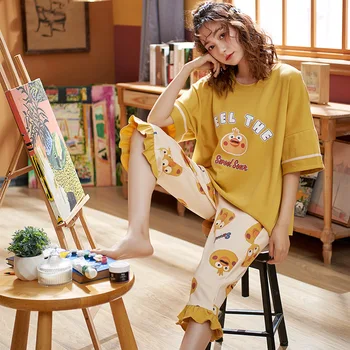 

Korean-style Summer New Arrival Crew Neck Short Sleeve Pajamas Women's Cartoon Sweet-Outer Wear Capri Pants Tracksuit Two-Piece