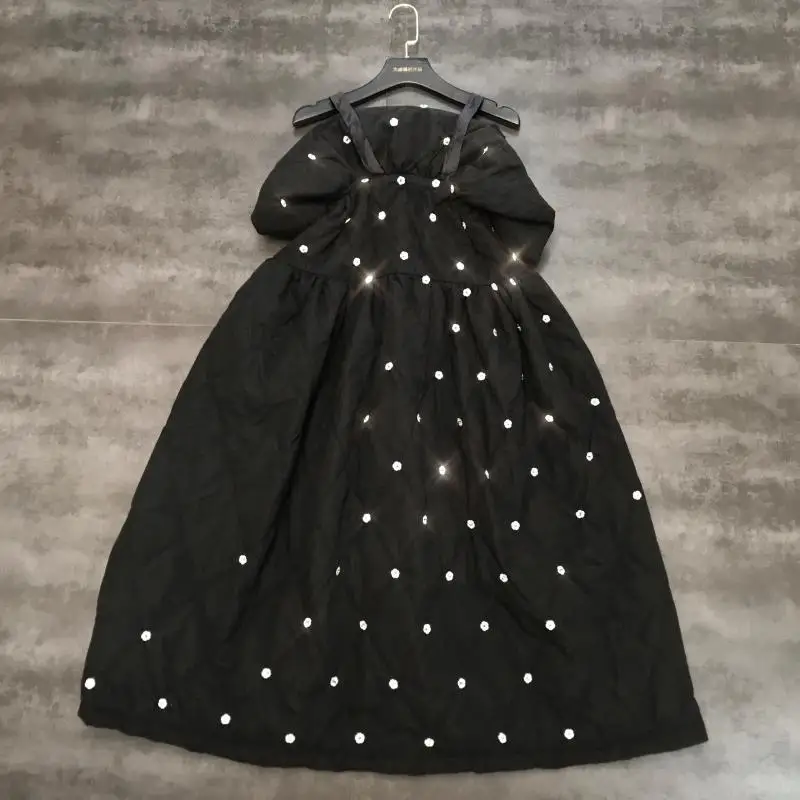 

2019 winter new rhinestone beaded face pressure cotton warm sling cotton dress