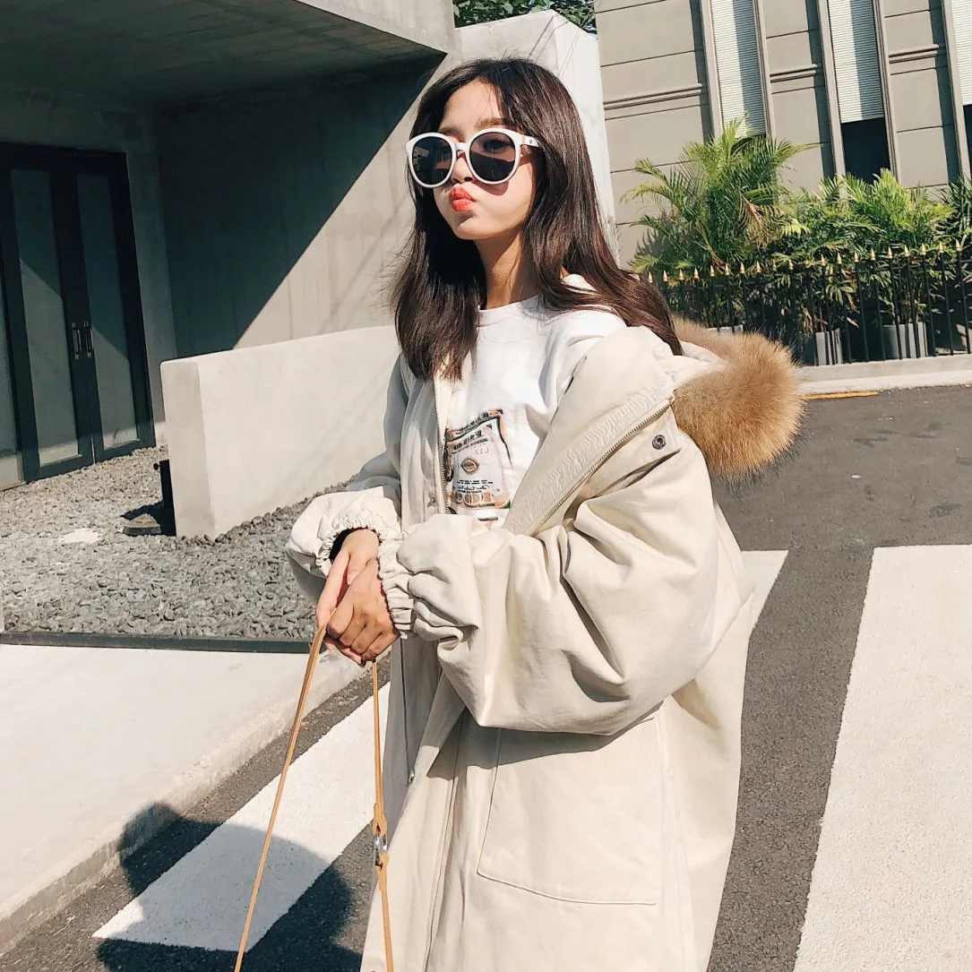 

2019 Chic Beige Korean-style New Style Workwear Cotton Coat over-the-Knee Long Loose-Fit Hooded Large Fur Collar Cotton-padded C