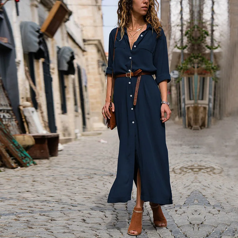 

Summer Dress 2019 New Casual Solid Long Sleeve Lapel Loose Button Long Hem Dress Women Plus Size Dresses Give Belt