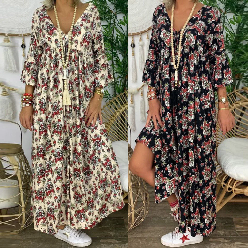 winter dresses woman party night Women's Ladies Loose Plus Size Print Long Sleeve V-neck Long Maxi party dress ropa mujer