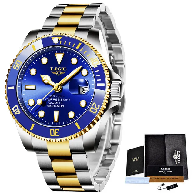 LIGE Top Brand Luxury Fashion Diver Watch Men 30ATM Waterproof Date Clock Sport Watches Mens Quartz Wristwatch Relogio Masculino Rose gold blue