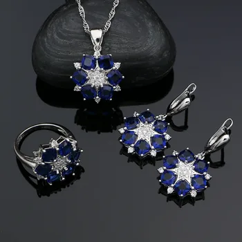 

925 Silver Jewelry Sets for Girls Blue Cubic Zirconia White Crystal Earrings Necklace Pendant Ring Set