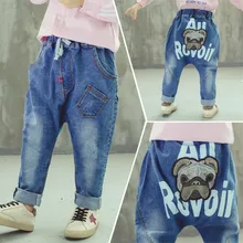 Детские весенние джинсы, джинсы с принтом собачьей головы для мальчиков, гофрированные джинсы с большим низом