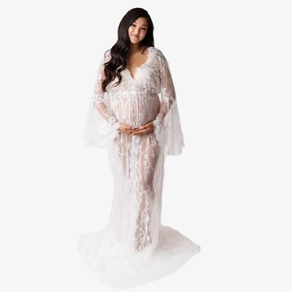 Sexy Lace Maternity Dresses For Photo Shoot Prop Long Pregnancy Photography Dress Split Front Pregnant Women Maxi Maternity Gown maternity photography dresses sexy crystal diamonds mesh bodysuit pregnancy dress pregnant photographer shoot prop accessories