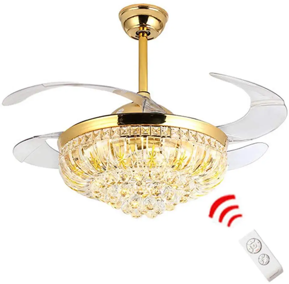 

Modern 42'' Luxury Crystal Ceiling Fan with Remote Control Invisible Acrylic Fan Blades Retractable Fan Lamp Chandelier