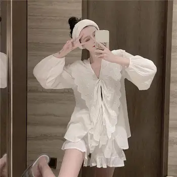 

Summer Autumn New Style Fashion Comfortable Loose Home Service Lantern Sleeve Lotus Leaf Collar Striped Pajamas + Shorts Suit