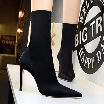 

High heels elastic boots ladies sexy pointed super high heel solid color comfortable elastic shoes short boots women shoes FD-38