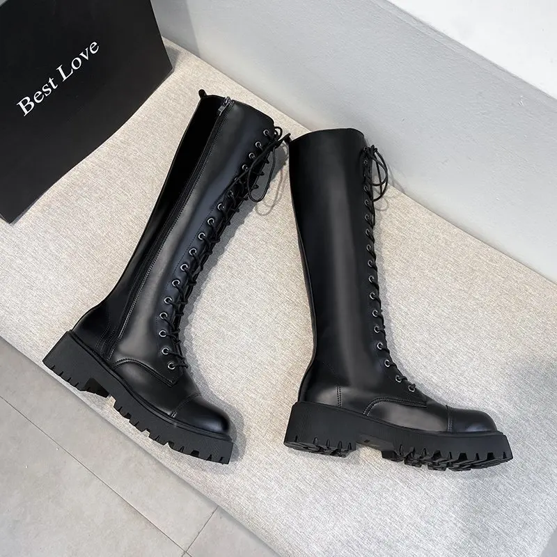 Women Combat Boots Antumn Female High Platform Gothic Shoes Black Leather Boots Lace Up Women Knee High Boots Knee High Boots Aliexpress
