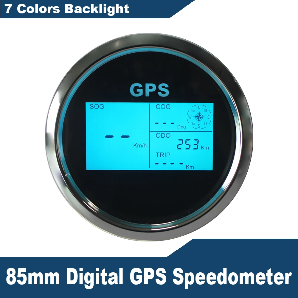 85mm Universal Digital GPS Speedometer 7 Colors Backlight LCD Speed