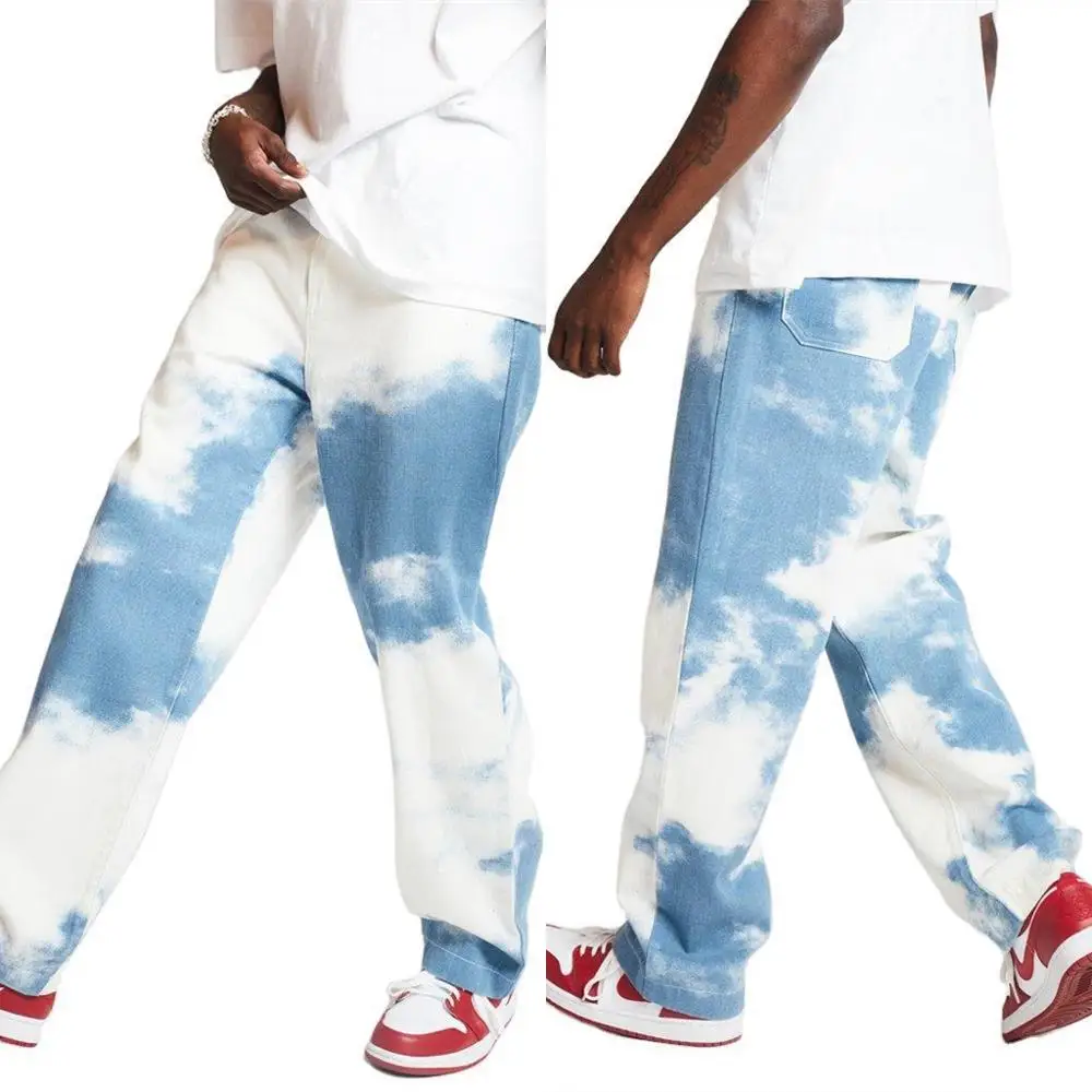 

Oversized Straight Wide-Leg Jeans Men Causal Loose Hip Hop Denim Pants Tie Dye Print Sky Blue Trouser Harajuku Homme Baggy Jean