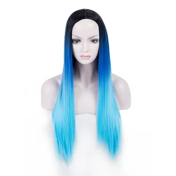 

Synthetic Blue Wig for women -straight Right Side Parting NONE Lace Heat Resistant Replacement Wig Full Machine Made 24 inch
