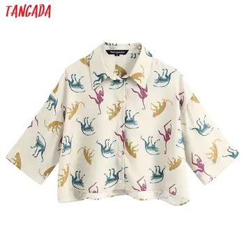 

Tangada women retro oversized animal print crop blouse summer short sleeve chic female casual loose shirt BE222