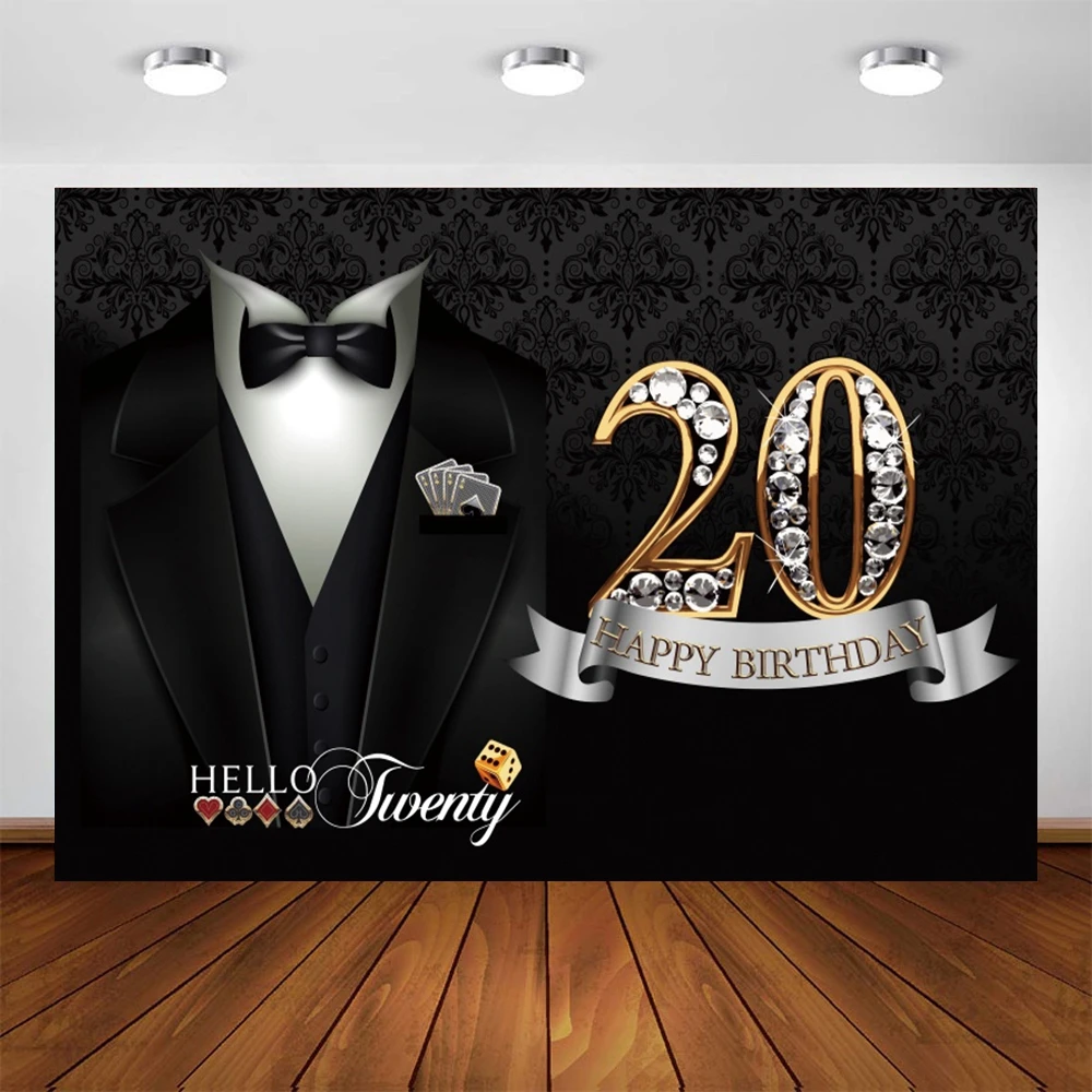

Yeele Man Suit 20th Birthday Backdrop Dice Cards Diamond Black Background Photographic Photography Photo Studio Photophone