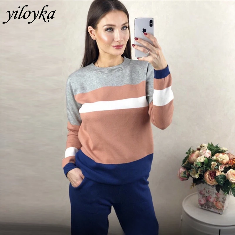 

New Autumn Women O-Neck Sweater + Pants Two Piece Set Female Winter Casual 2 Piece Set Women Tracksuit Sweater Knitted Trousers