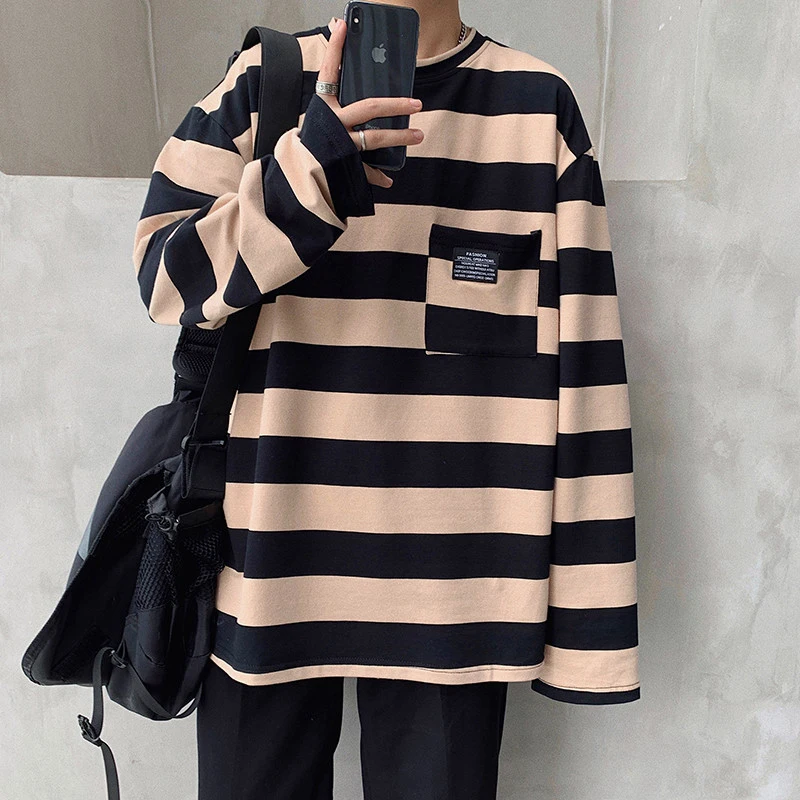 

Korean Fashion Striped Long Sleeve Women T Shirt Pocket Loose All-match Casual Couple Clothes Man Harajuku Oversized Pulover Top