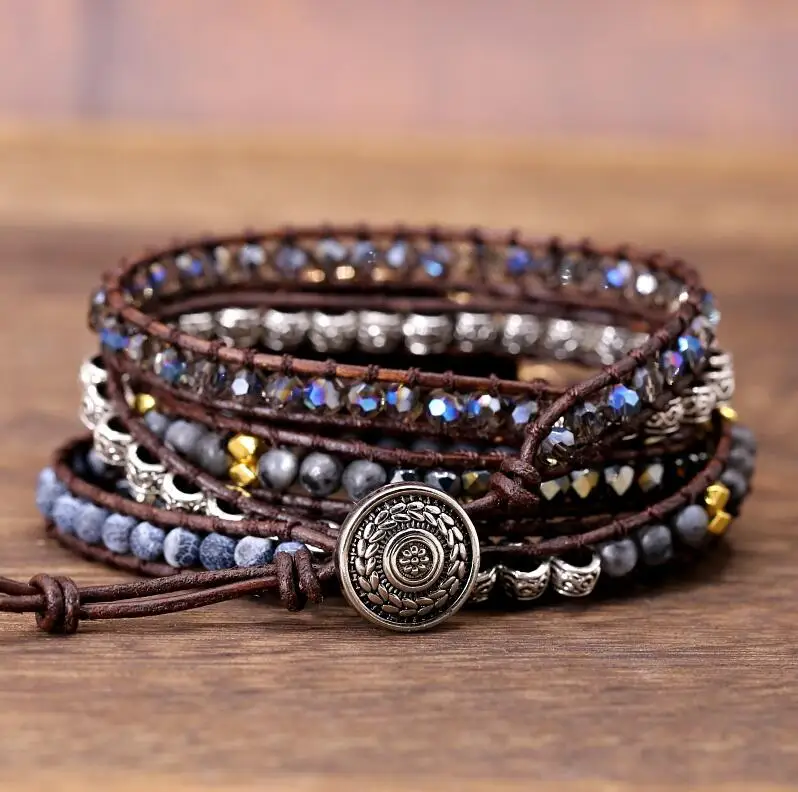 Ceny 2019 ekskluzywna bransoletka en cuir noir Onyx Mix 5 brins femmes i hommes bransoletki d enveloppement bransoletka bohème cadeau bijoux li