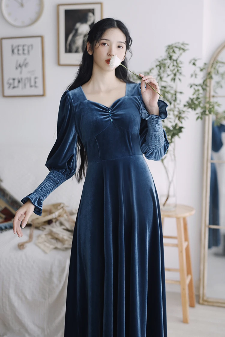 Дизайн, французский стиль, винтажное бархатное плиссированное платье с длинным рукавом, средней длины, голубое длинное платье павлина