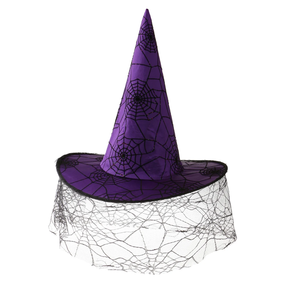 Women Girls Halloween Peaked Cap Veil Spiderweb Purple Satin Witch Hat Party Costume Accessory Women Girls Halloween Peaked Cap Veil Spiderweb Purple Satin Witch Hat Party Costume Accessory