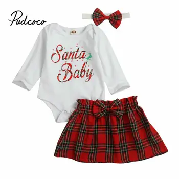 

Brand New Autumn Christmas Newborn Infant Baby Girl Clothes Set 3PCS Long Sleeve Christmas Bodysuit Tops Plaid Skirts+Headband
