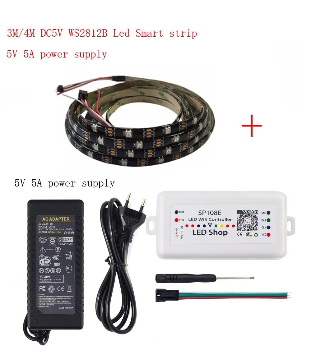 

3-4m DC5V WS2812B Led Strip 30 pixels/leds/m WS2812 IC Smart 5050 RGB led Strip light+5V LED Power Supply + LED Controller