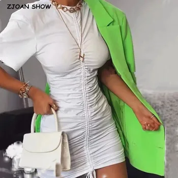 

2020 New White Package Hips Short sleeve Dress Elegant Women Lacing up Elastic Ruched Mid Long Party Dresses Slim fit Vestido