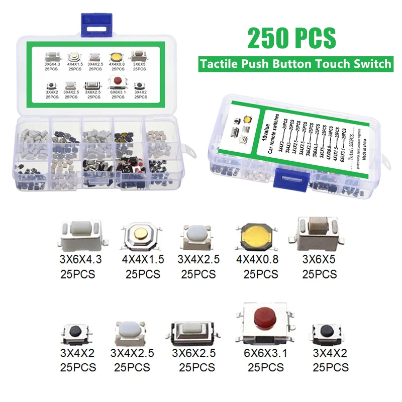 

250PCS 10 Types Tactile Push Button Touch Switch Remote Keys Button Microswitch Kit DIY Tool Accessories