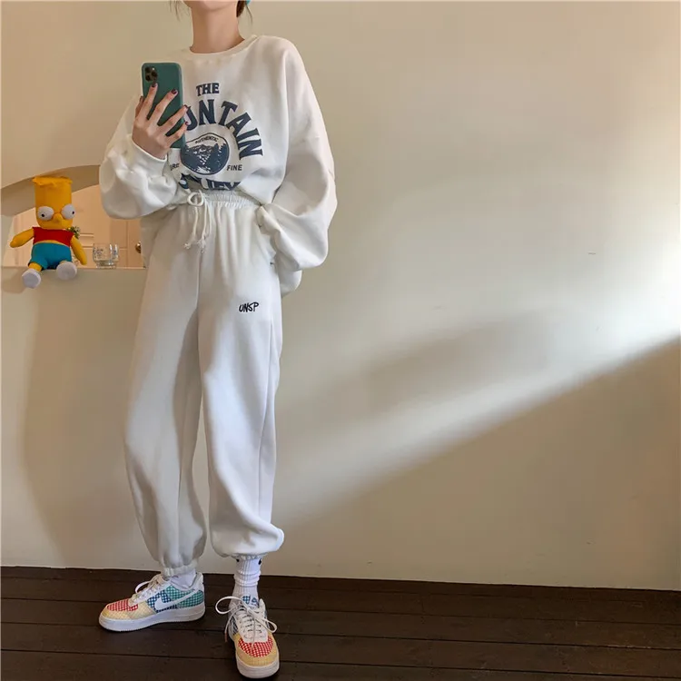 Winter white Sweatpants Women European Style Sports Plus fleece Pants Baggy Harajuku Gray Loose Trousers Straight Pants Girls black pants