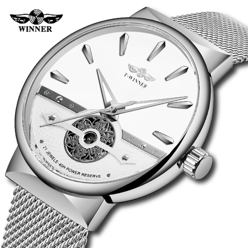 

Fashion WINNER Men Automatic Watch Silver Simple Hollow Skeleton Slim Mesh Strap Wristwatch Mechanical Luminous Waterproof Clock