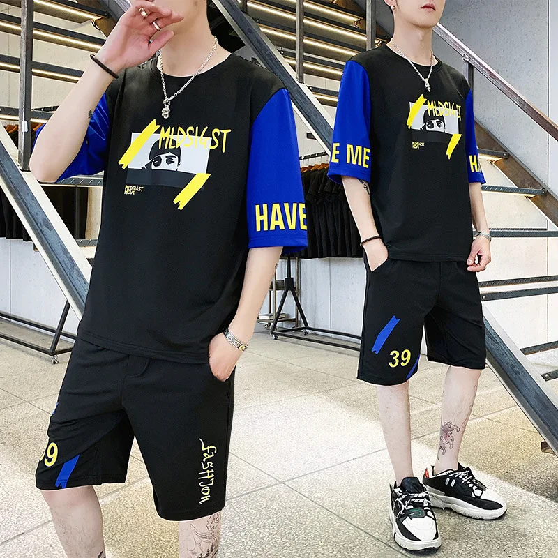 

2019 Summer New Style Trend Men Loose-Fit T-shirt Leisure Suit Teenager Short Sleeve Men's Support