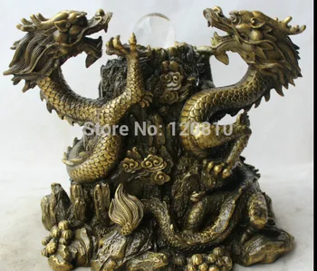 

9" Chinese Copper Folk success Feng Shui Zodiac Year Two Dragon Statue sculpture