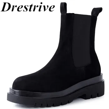

Drestrive Women Ankle Boots Cow Suede Round Toe Thick Heels Non Slip Winter Shoes Woman Platform Slip On Patchwork Brown