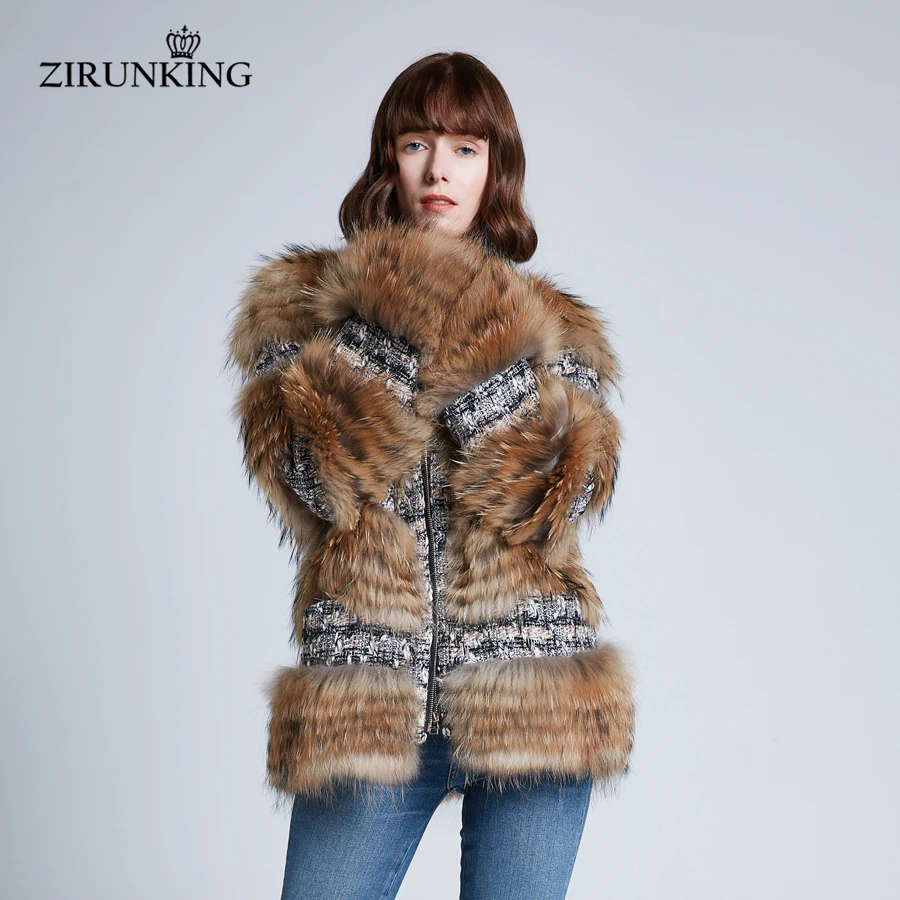 ZIRUNKING женское модное пальто из натурального меха енота женская теплая зимняя