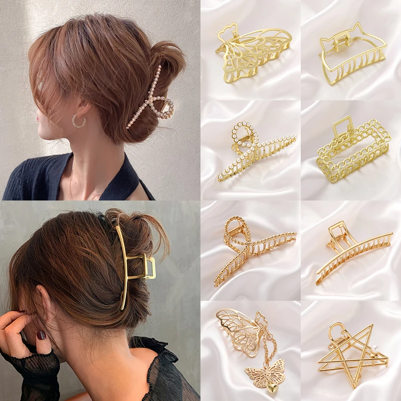 hair clips for long hair 2021 New Women Elegant Gold Hollow Geometric Metal Hair Claw Vintage Hair Clips Headband Hairpin Hair Crab Hair Accessories elastic headbands for women