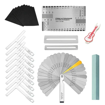 

24Pcs/Set Guitar Bass Luthier Tools 32 Blades Steel Feeler Gauge Dual, 9 Understring Radius Gauge, 1 String Action Gauge Ruler,