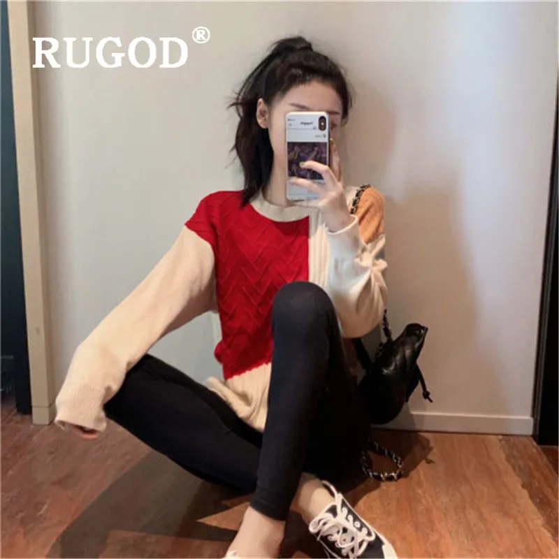 RUGOD, Осень-зима, стиль, шикарный пуловер контрастных цветов с круглым вырезом, вязаный свитер, модная одежда для поп