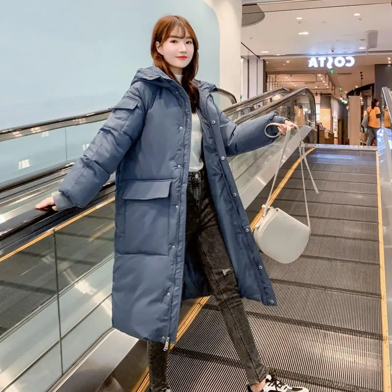 3XL Long Down Cotton Coat Women Clothes Loose Parka Warm Black Winter Jacket Padded Solid Hooded Pocket Winter Coat Women Q2110