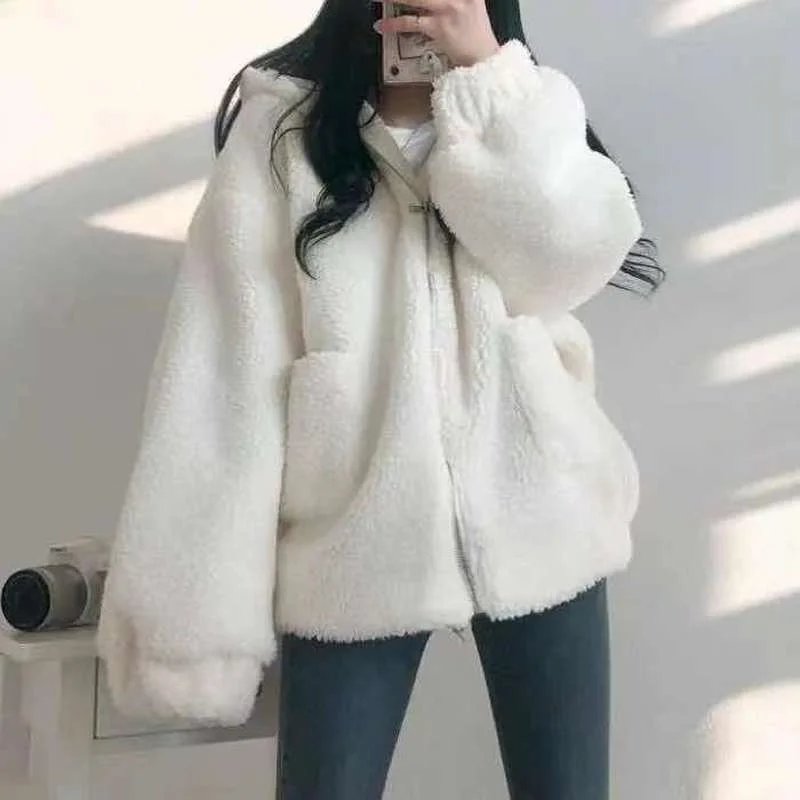 Hooded Ladies Plus Velvet Thick Coat All-match Jacket Pure Yellow Sweet and Cute Autumn and Winter Lamb Wool Loose Coat 2022