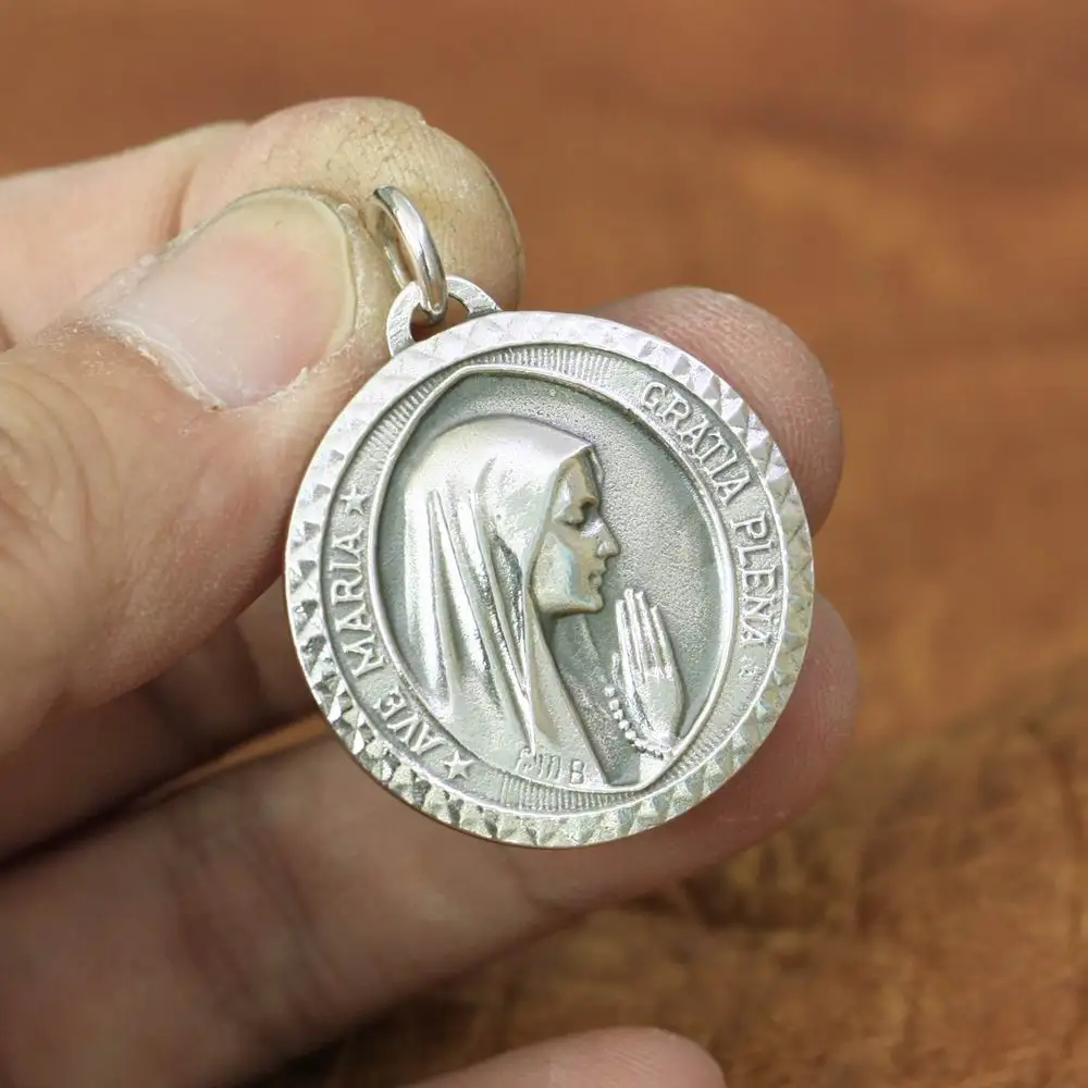 Ave Maria Gratia Plena медальон Дева Мария стерлингового серебра 925 Подвески 2 стороны круглый кулон TA167 JP