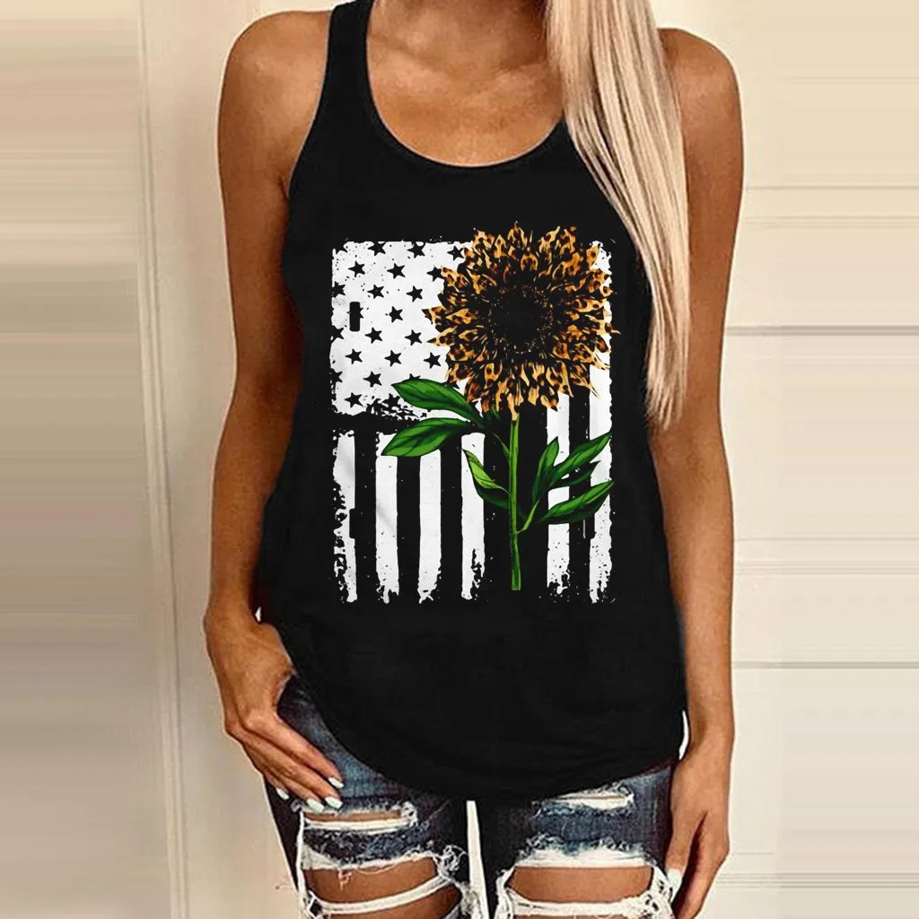 Ropa mujer robe femme женский черный жилет с круглым вырезом и принтом подсолнуха топ на
