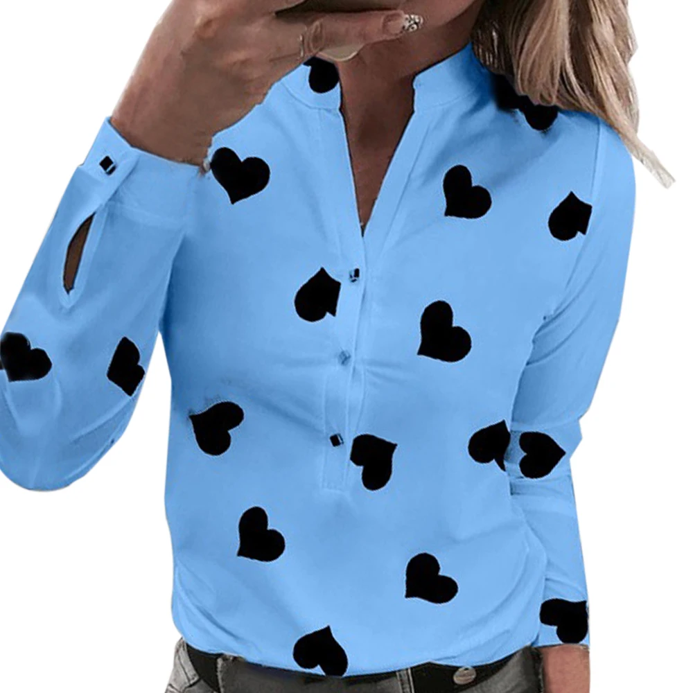Женские топы и блузки, летние рубашки с длинным рукавом, женские блузы, модные женские Топы Harajuku, топы с принтом сердца - Цвет: blue
