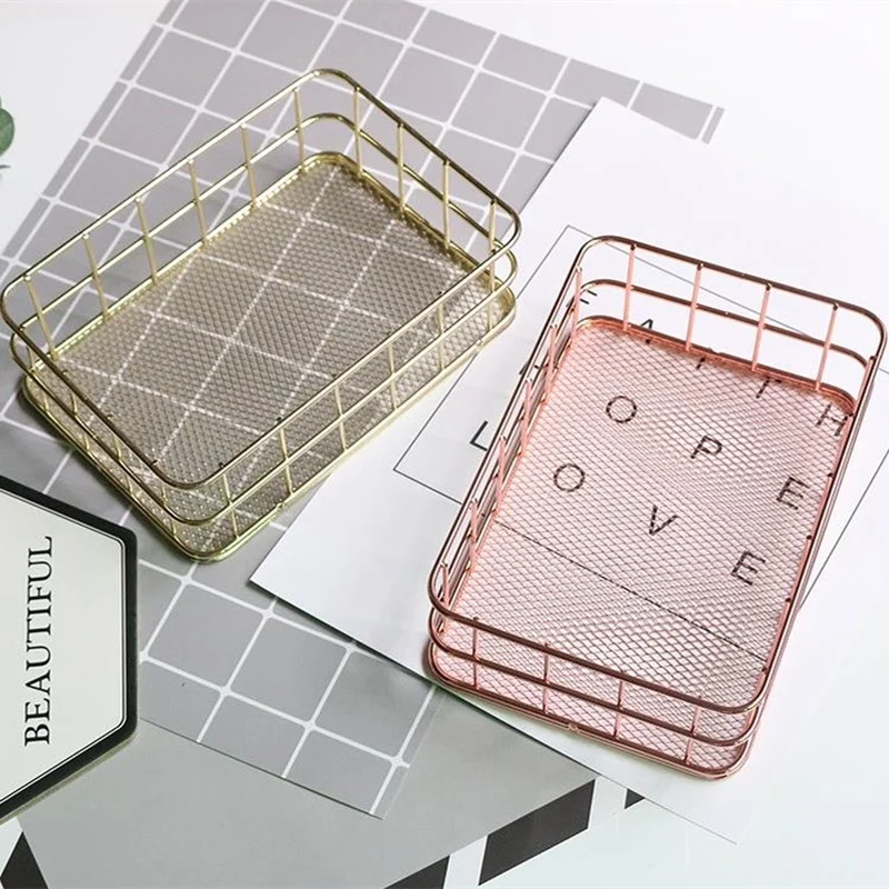 

Iron Storage Basket Nordic Jewelry Cosmetics Storage Box Golden Rose Gold Desktop Snack Basket Basket Family Storage Supplies